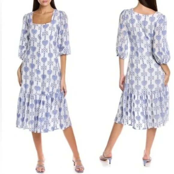 Johnny Was Dress White With Blue Embroidered Hearts Eyelet Button Up Boho Large - Picture 1 of 16